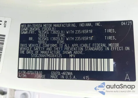 2021 Toyota Highlander L из США, поврежденный, VIN 5TDCZRAH7MS064535